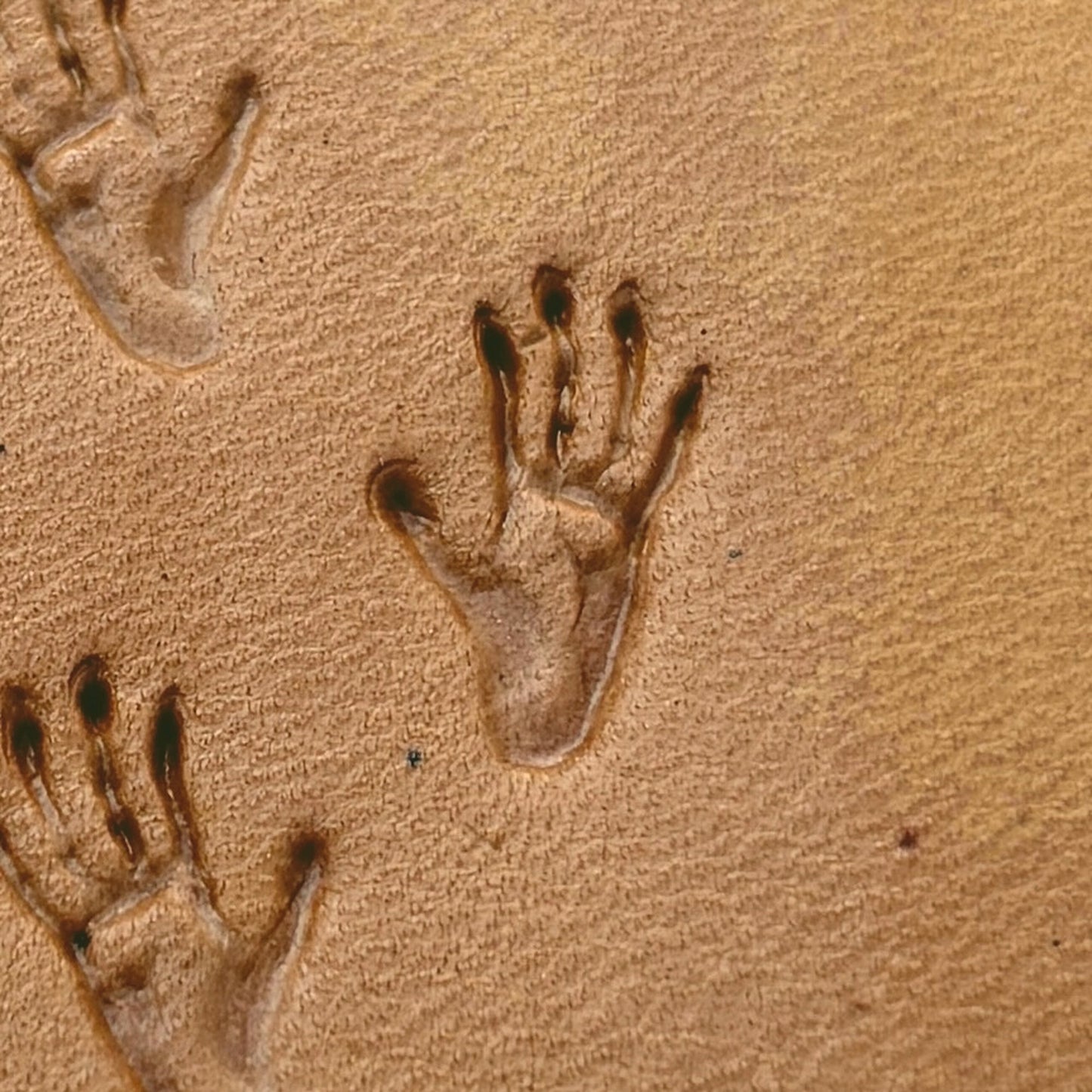 Monkey Tracks Footprint leather stamp LT275 — single impression on veg-tan leather