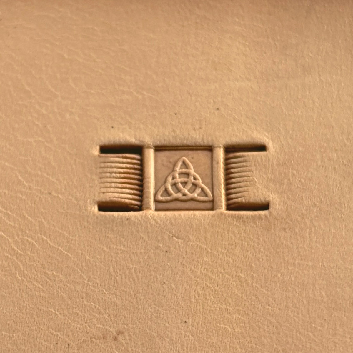 Basket Weave leather stamp LT340 — single impression on veg-tan leather
