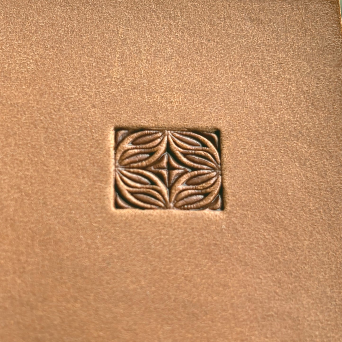 Floral Geometry leather stamp LT370 — brass stamping tool with imprint on natural veg-tan leather