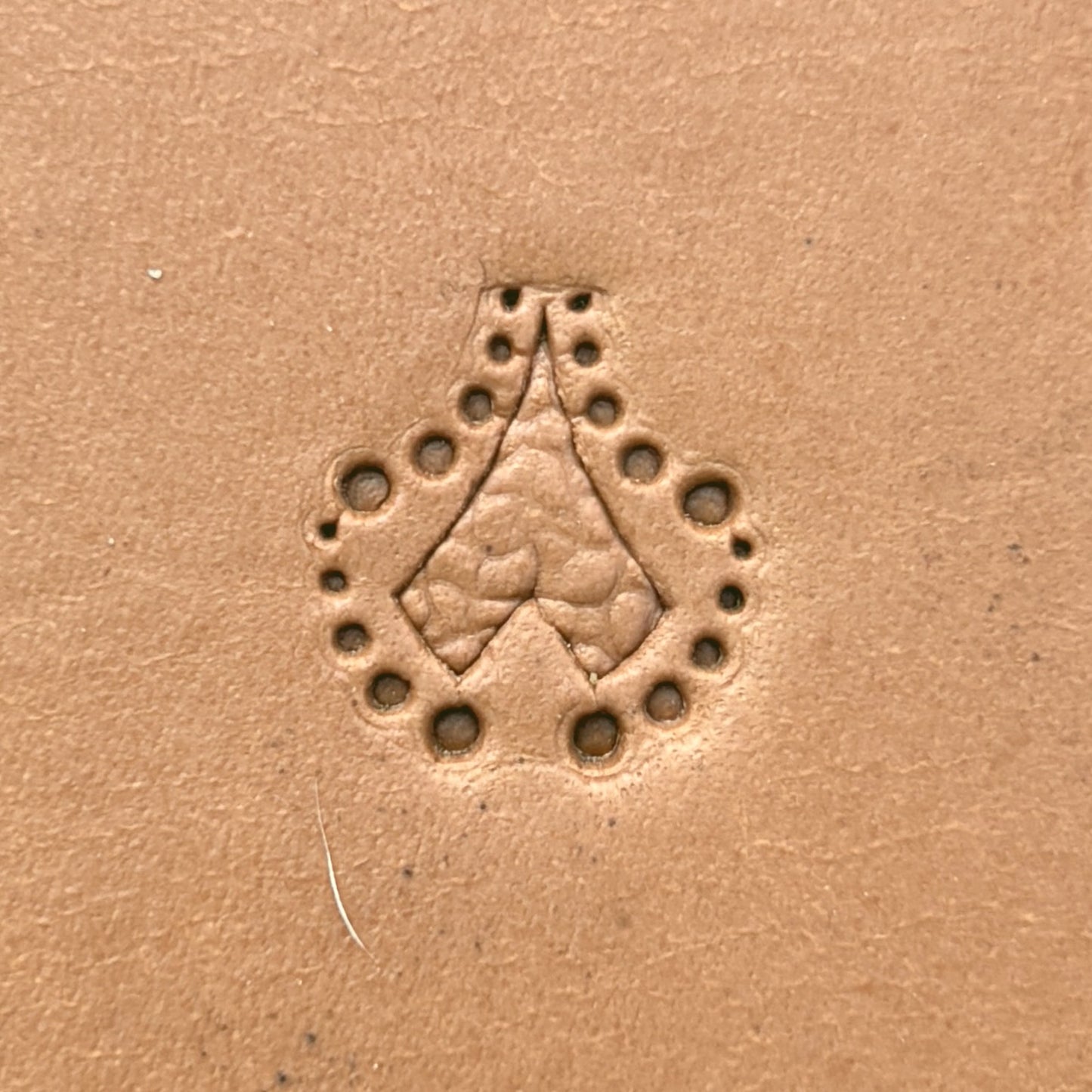 Dotted Motif Heart leather stamp LT380 — single impression on veg-tan leather