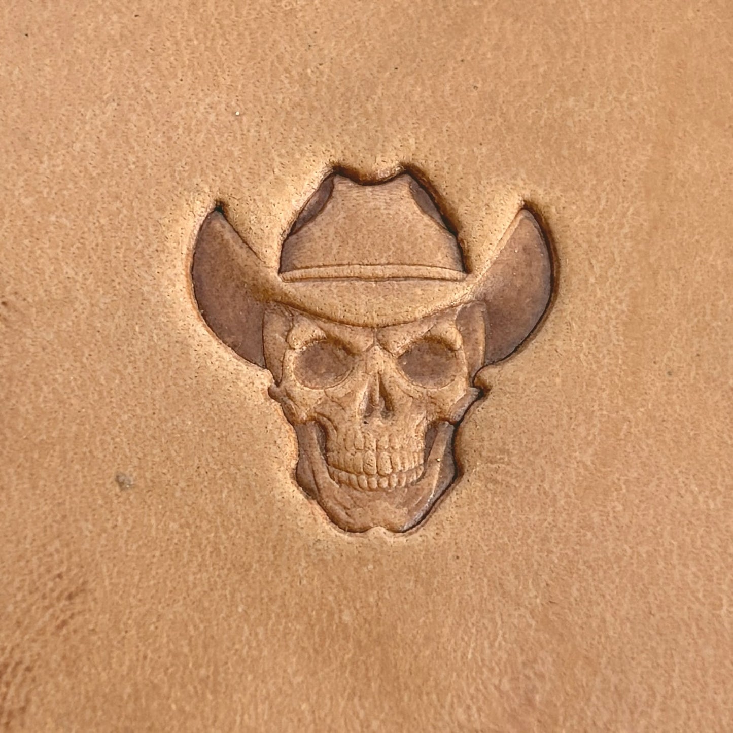 Cowboy Hat Skull leather stamp LT563 — single impression on veg-tan leather