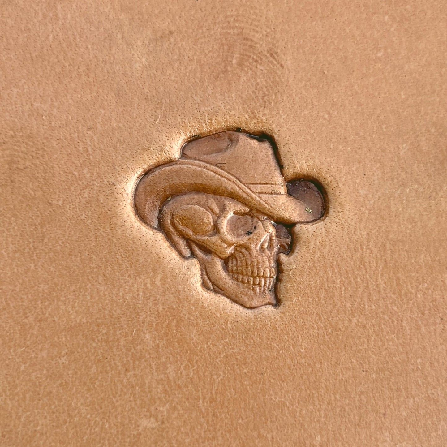 Cowboy Hat Skull leather stamp LT564 — single impression on veg-tan leather