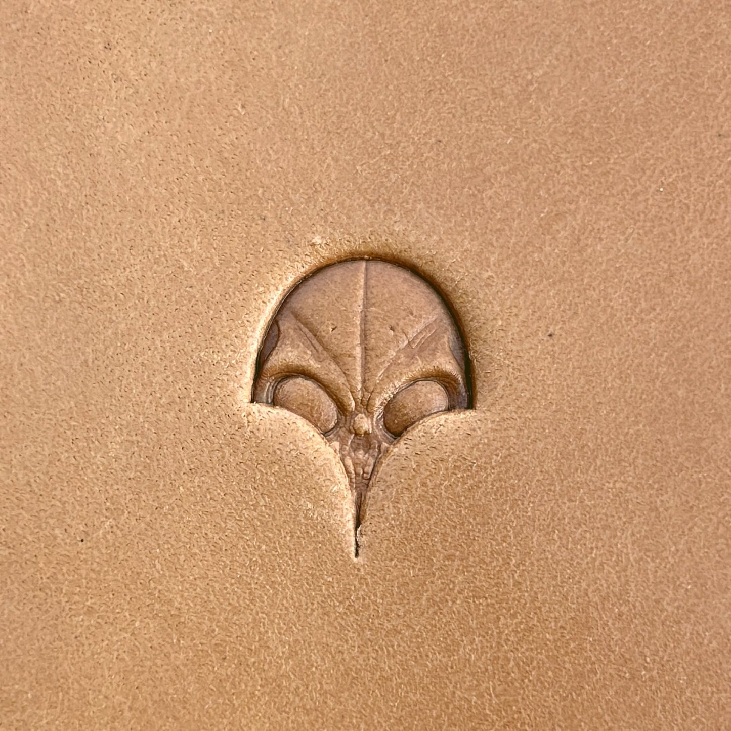 Alien Head leather stamp LT570 — single impression on veg-tan leather