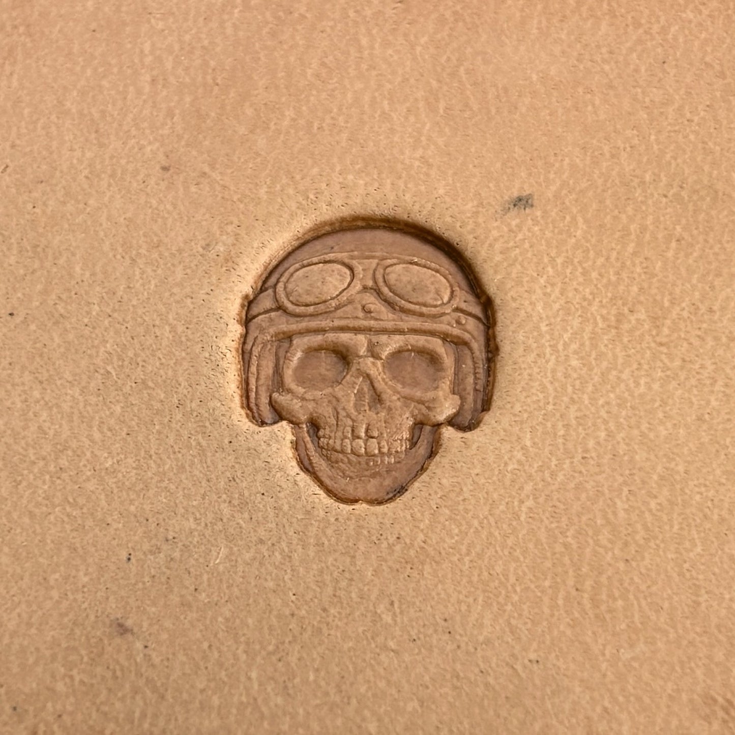Biker Helmet Skull leather stamp LT573 — single impression on veg-tan leather