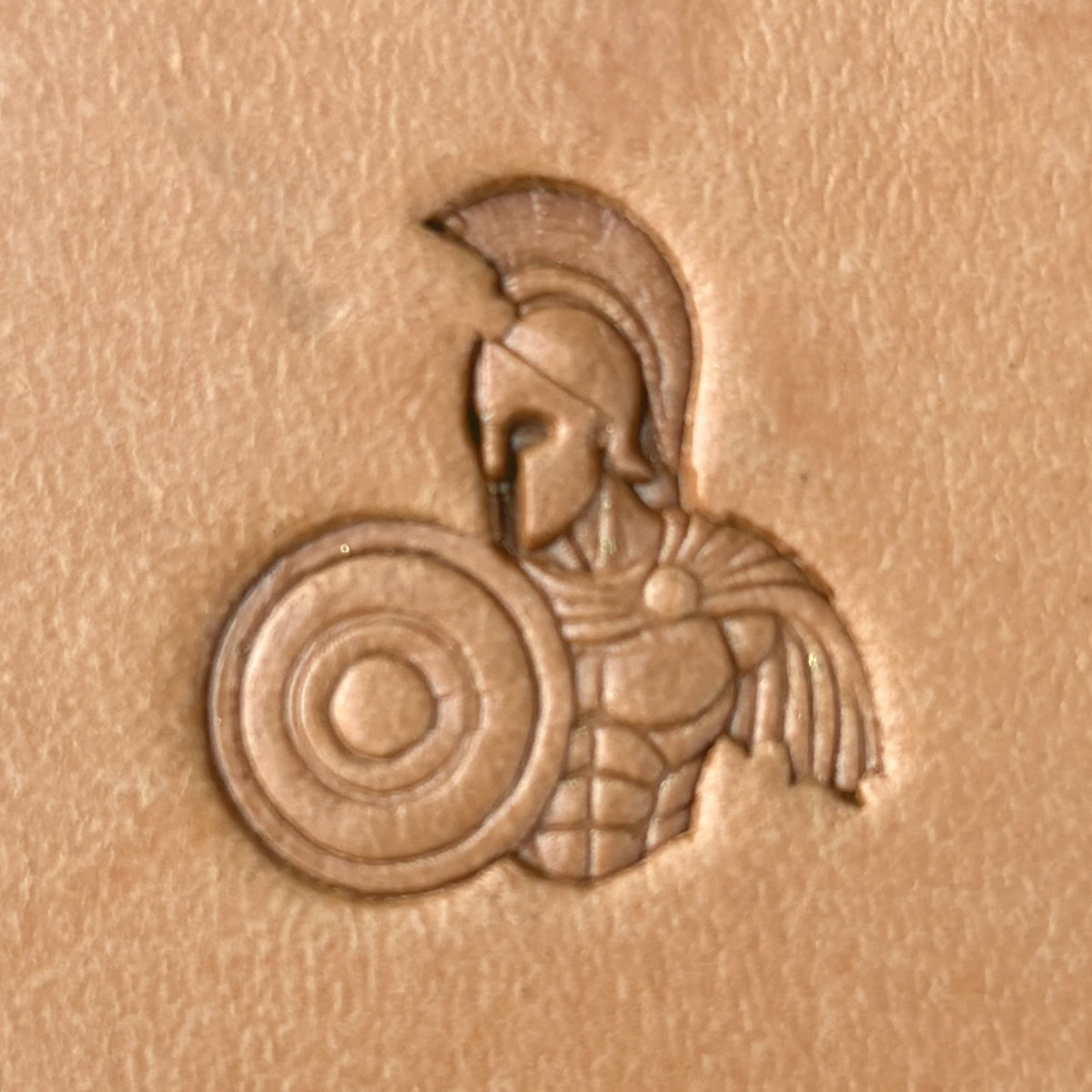Spartan Warrior leather stamp LT587 — single impression on veg-tan leather