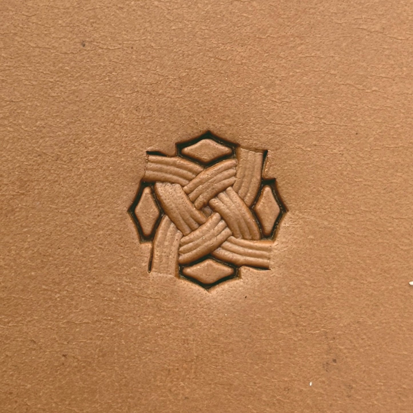 Celtic Knot Basket Weave leather stamp LT592 — single impression on veg-tan leather