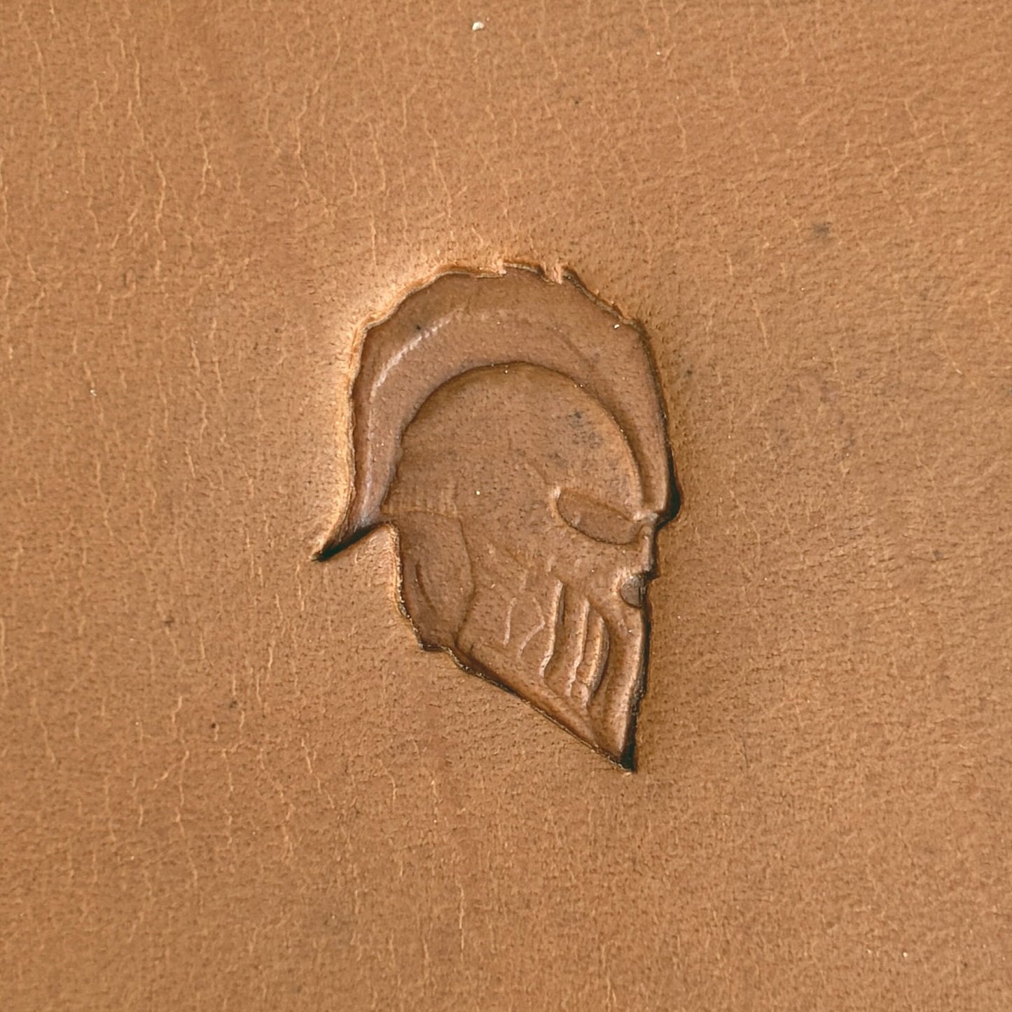 Spartan Helmet leather stamp LT612 — single impression on veg-tan leather