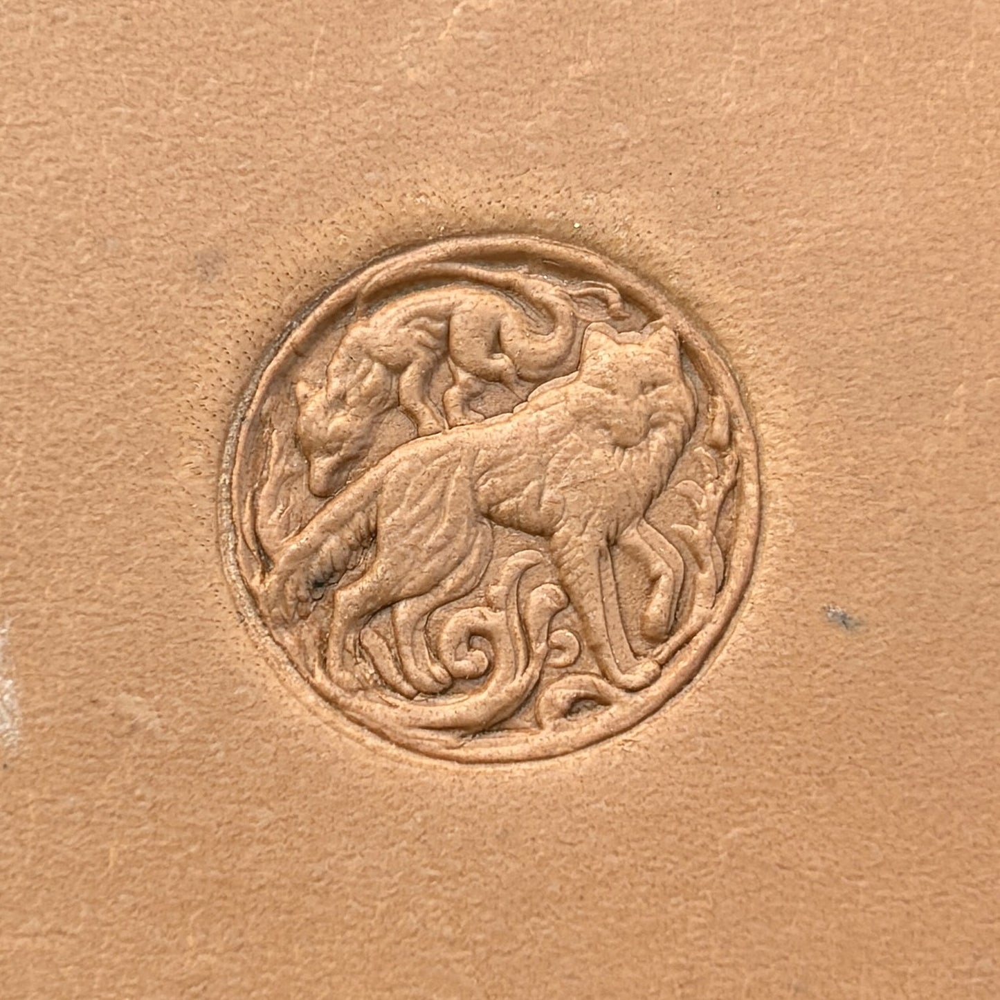 Twin Wolves Circle leather stamp LT645 — single impression on veg-tan leather