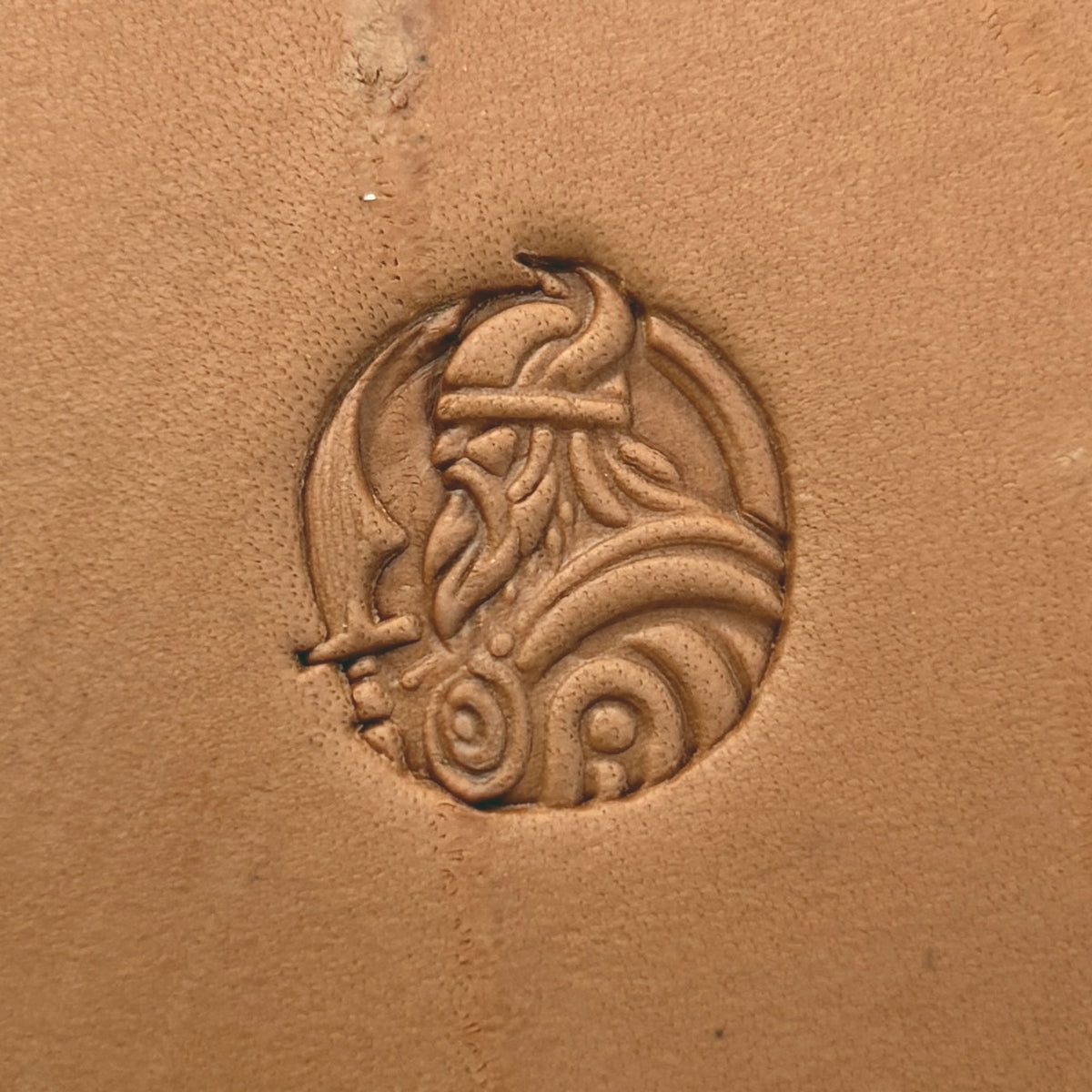 Viking Warrior leather stamp LT662 — single impression on veg-tan leather