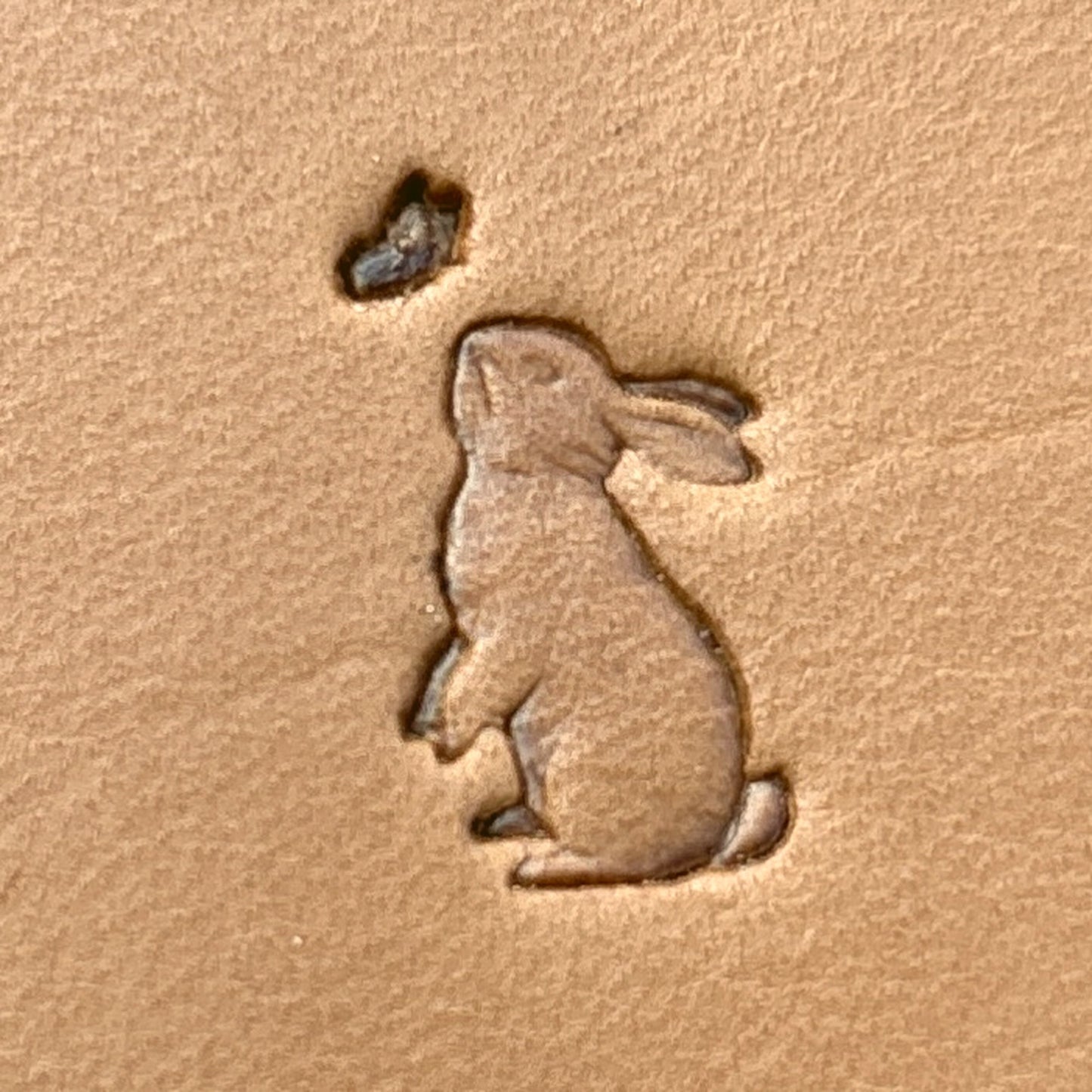 Sitting Rabbit leather stamp LT690 — single impression on veg-tan leather