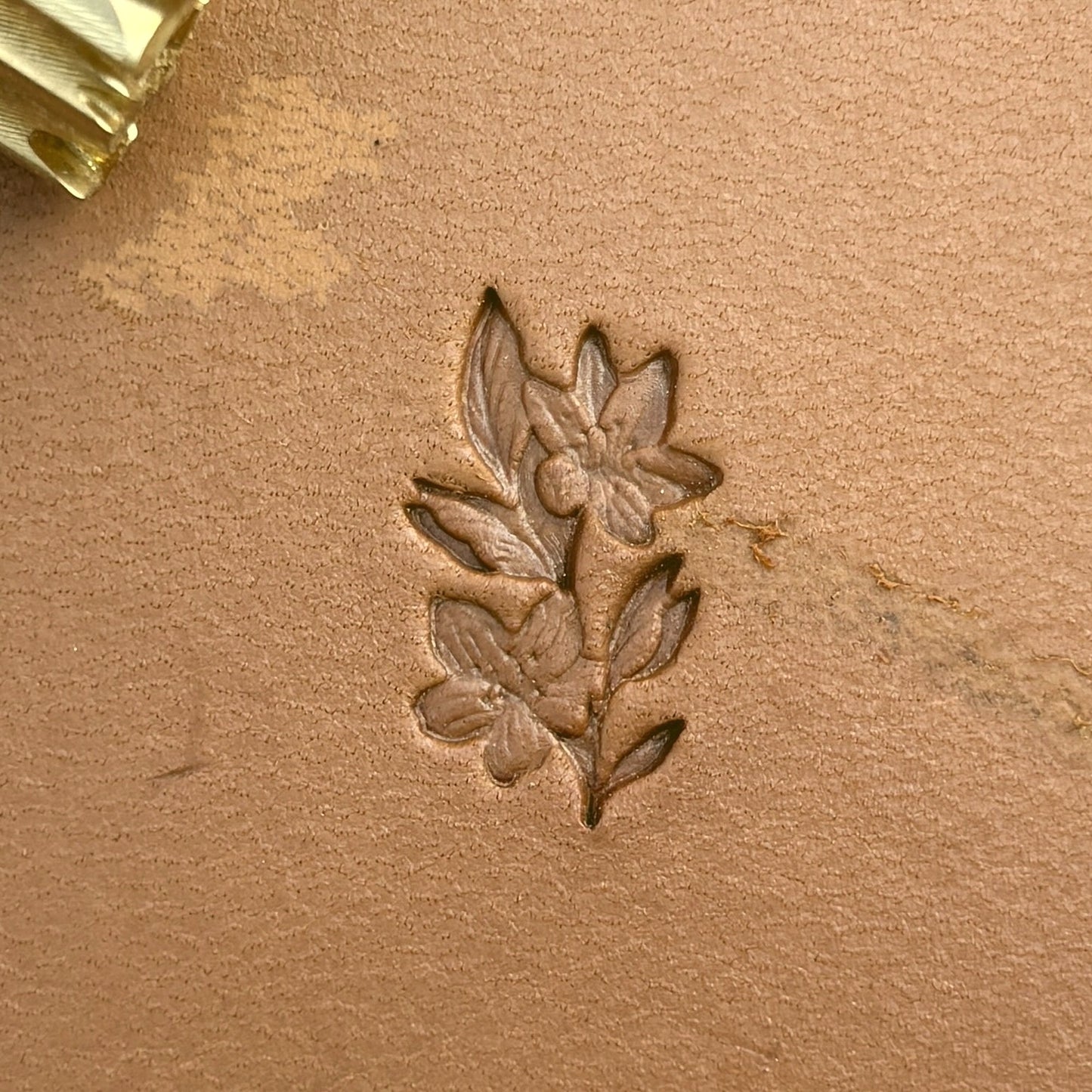 Petite Blossom Flower leather stamp LT713 — single impression on veg-tan leather