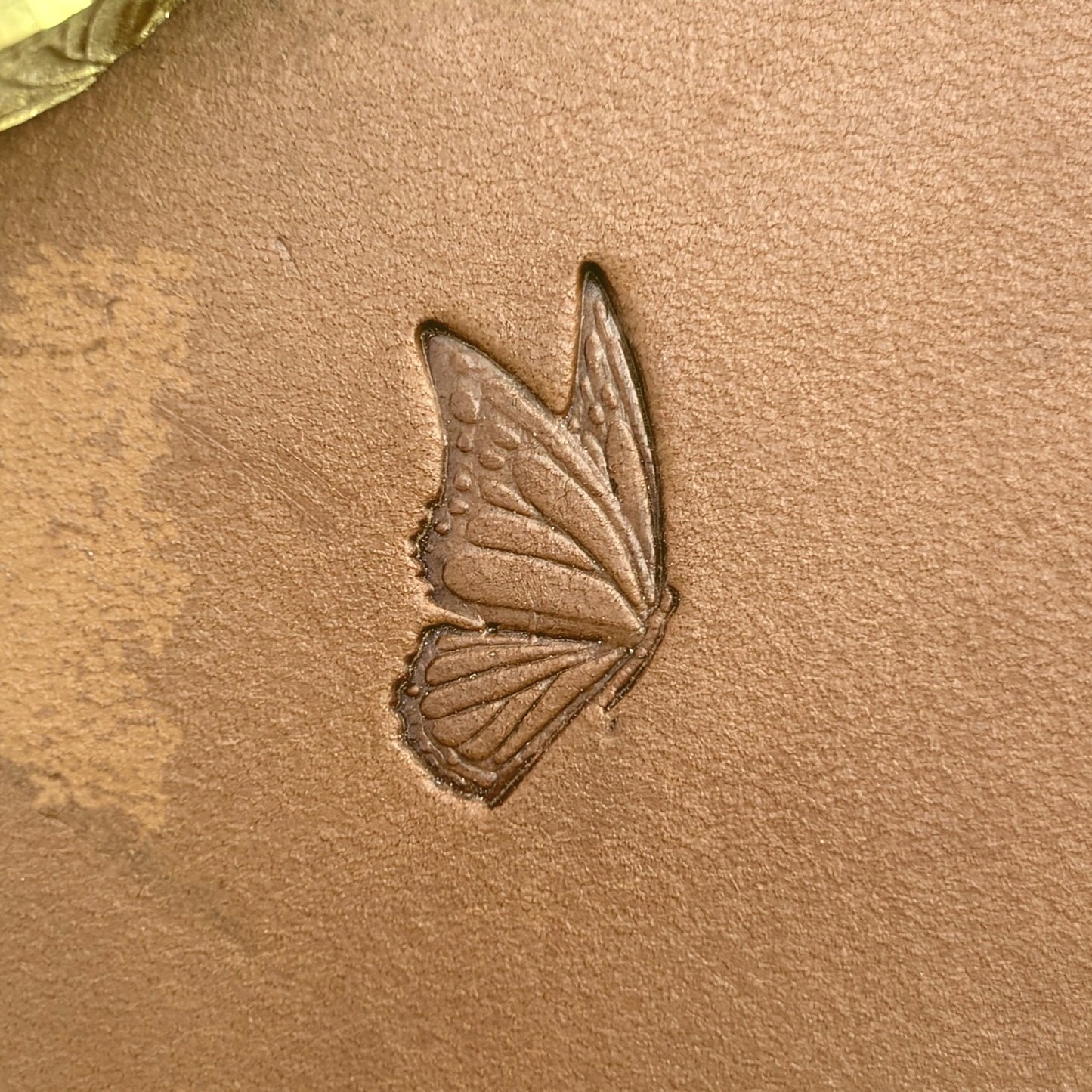 Butterfly leather stamp LT714 — single impression on veg-tan leather