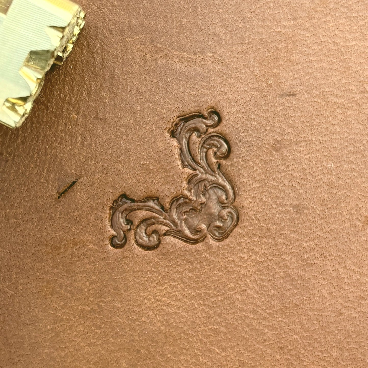 Ornate Flourish leather stamp LT716 — single impression on veg-tan leather