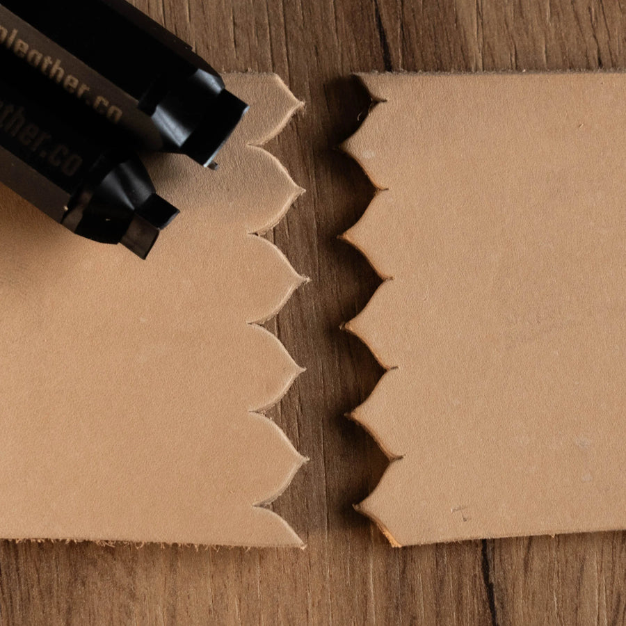 The CT001 leather edge cutter shaping a scalloped edge.