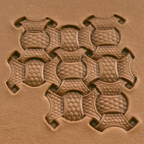 Basket Weave leather stamp LT001 — brass stamping tool with imprint on natural veg-tan leather