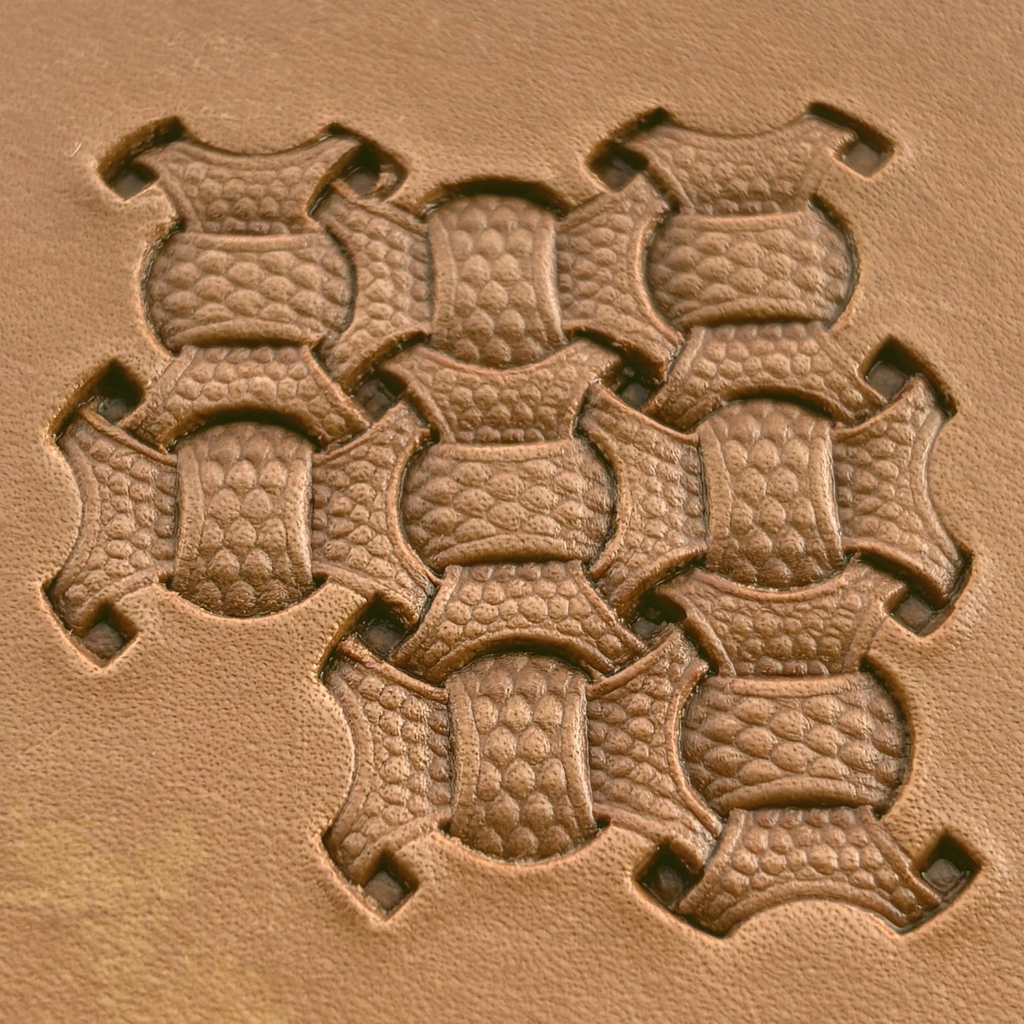 Basket Weave leather stamp LT001 — brass stamping tool with imprint on natural veg-tan leather