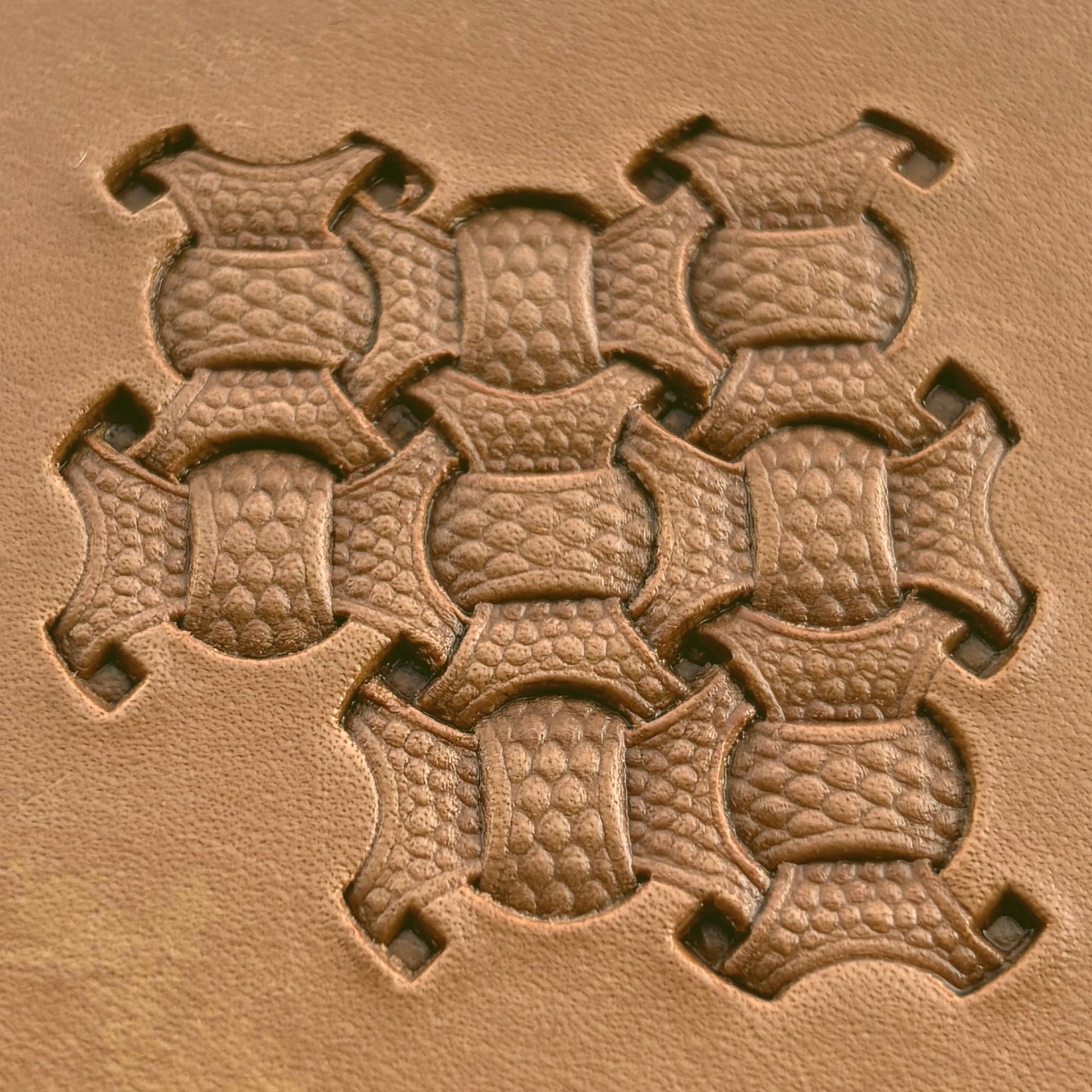 Basket Weave leather stamp LT001 — brass stamping tool with imprint on natural veg-tan leather