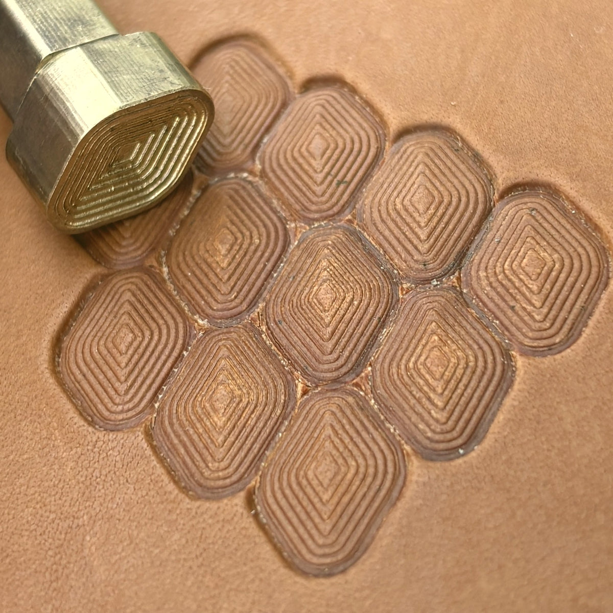 Diamond Cluster Geometric leather stamp LT002 — brass stamping tool with imprint on natural veg-tan leather