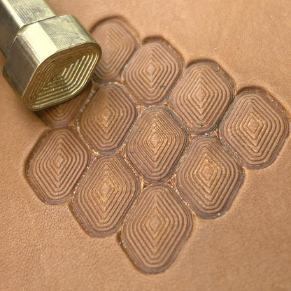 Diamond Cluster Geometric leather stamp LT002 — brass stamping tool with imprint on natural veg-tan leather