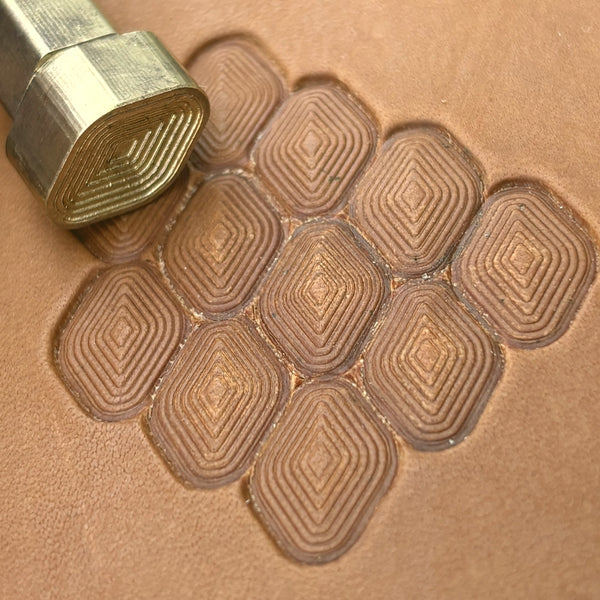 Diamond Cluster Geometric leather stamp LT002 — brass stamping tool with imprint on natural veg-tan leather