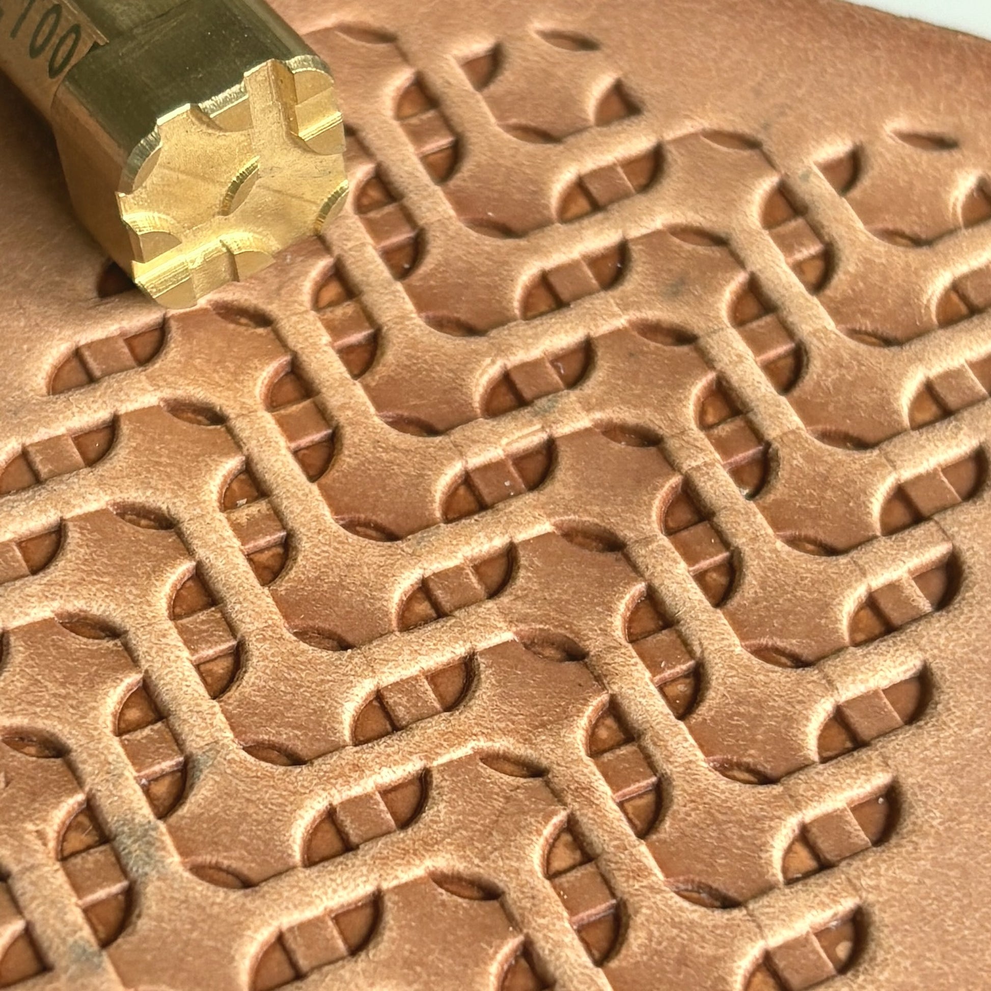 Basket Weave leather stamp LT005 — brass stamping tool with imprint on natural veg-tan leather