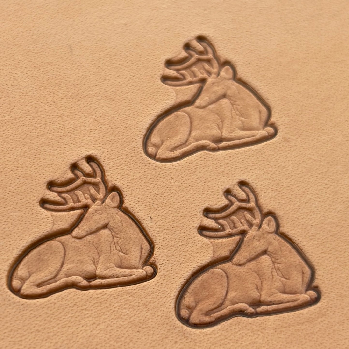 Stag Head leather stamp LT006 — imprint on natural veg-tan leather