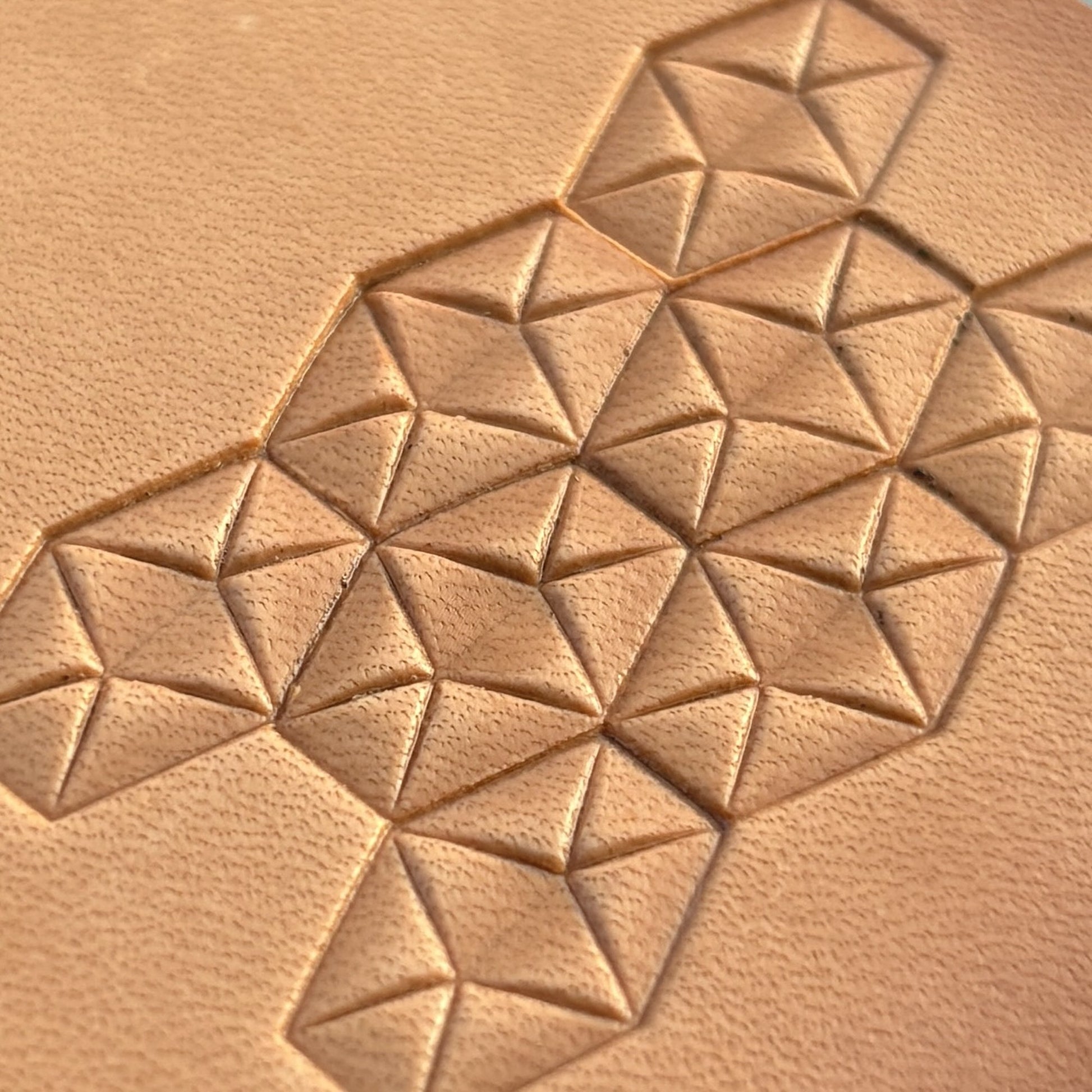 Geometric leather stamp LT007 — brass stamping tool with imprint on natural veg-tan leather