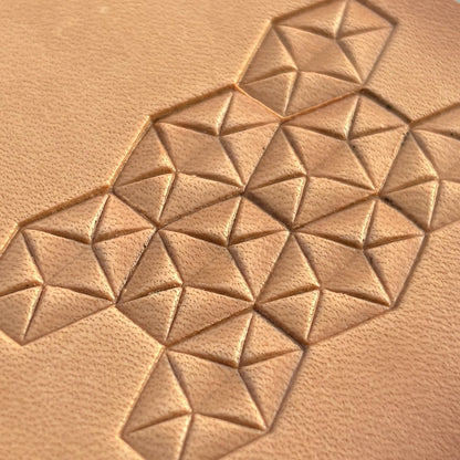 Geometric leather stamp LT007 — brass stamping tool with imprint on natural veg-tan leather