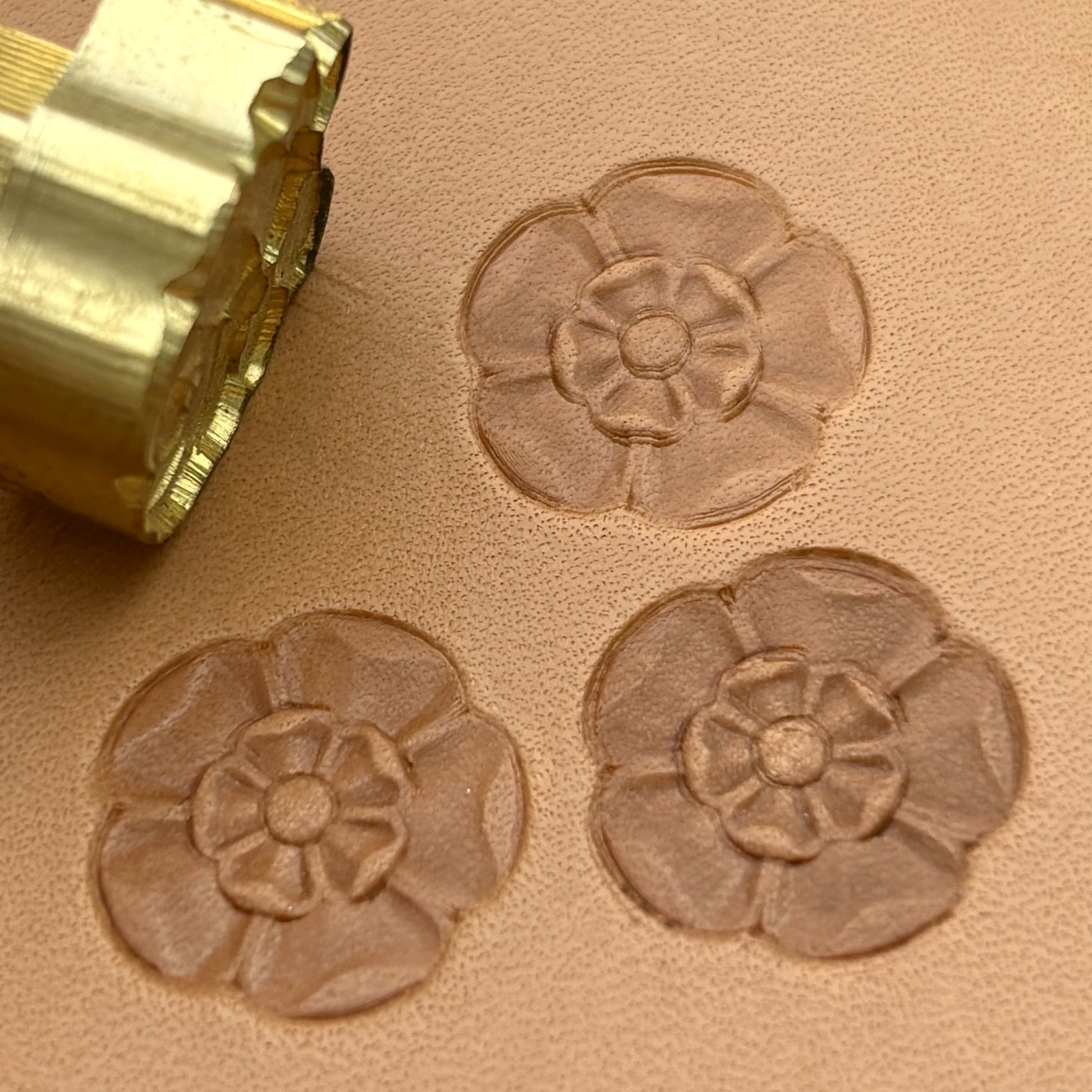 Tudor Flower leather stamp LT017 — brass stamping tool with imprint on natural veg-tan leather