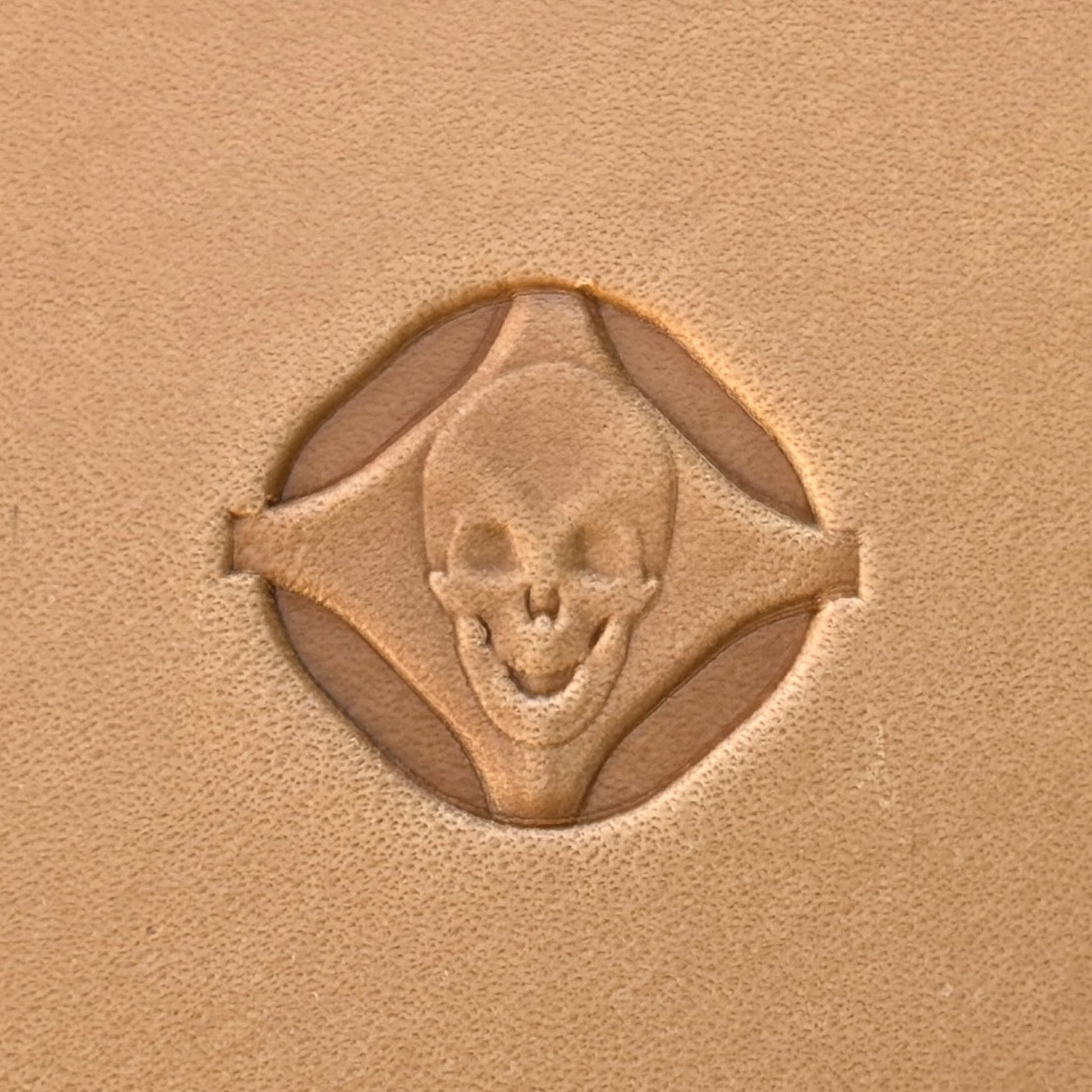 Skull leather stamp LT022 — single impression on veg-tan leather