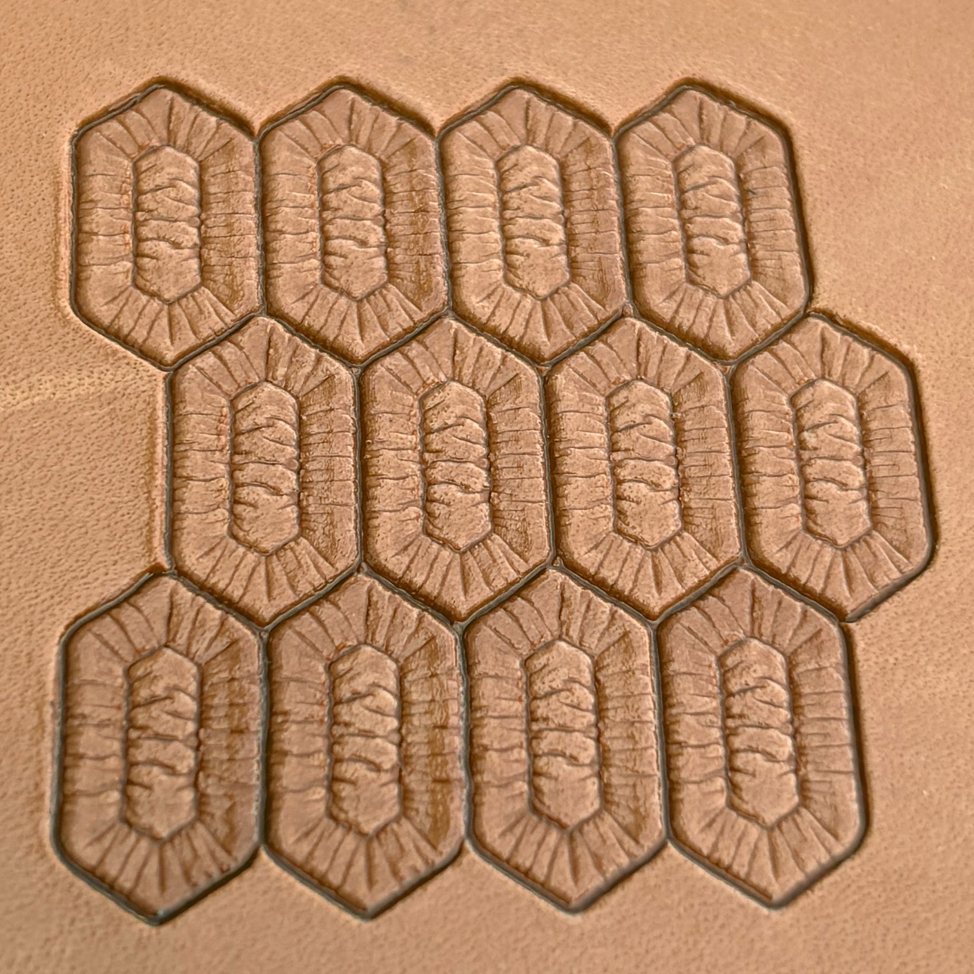Geometric leather stamp LT029 — imprint on natural veg-tan leather