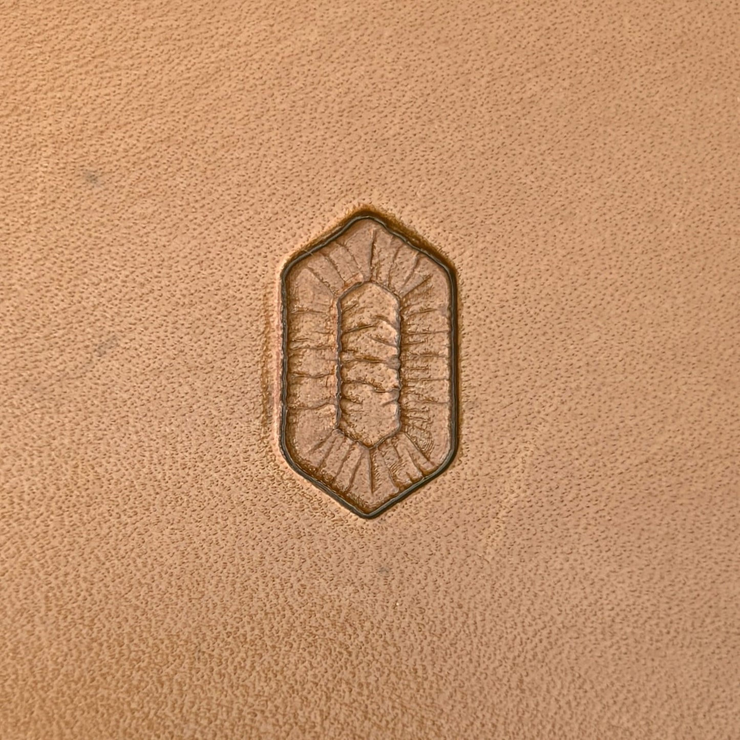 Geometric leather stamp LT029 — single impression on veg-tan leather