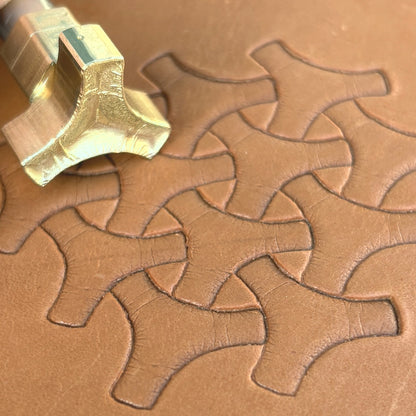 Interlocking Shapes leather stamp LT030 — brass stamping tool with imprint on natural veg-tan leather
