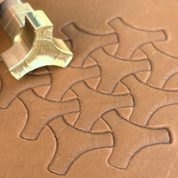 Interlocking Shapes leather stamp LT030 — brass stamping tool with imprint on natural veg-tan leather