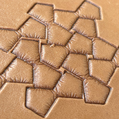 Geometric leather stamp LT031 — brass stamping tool with imprint on natural veg-tan leather