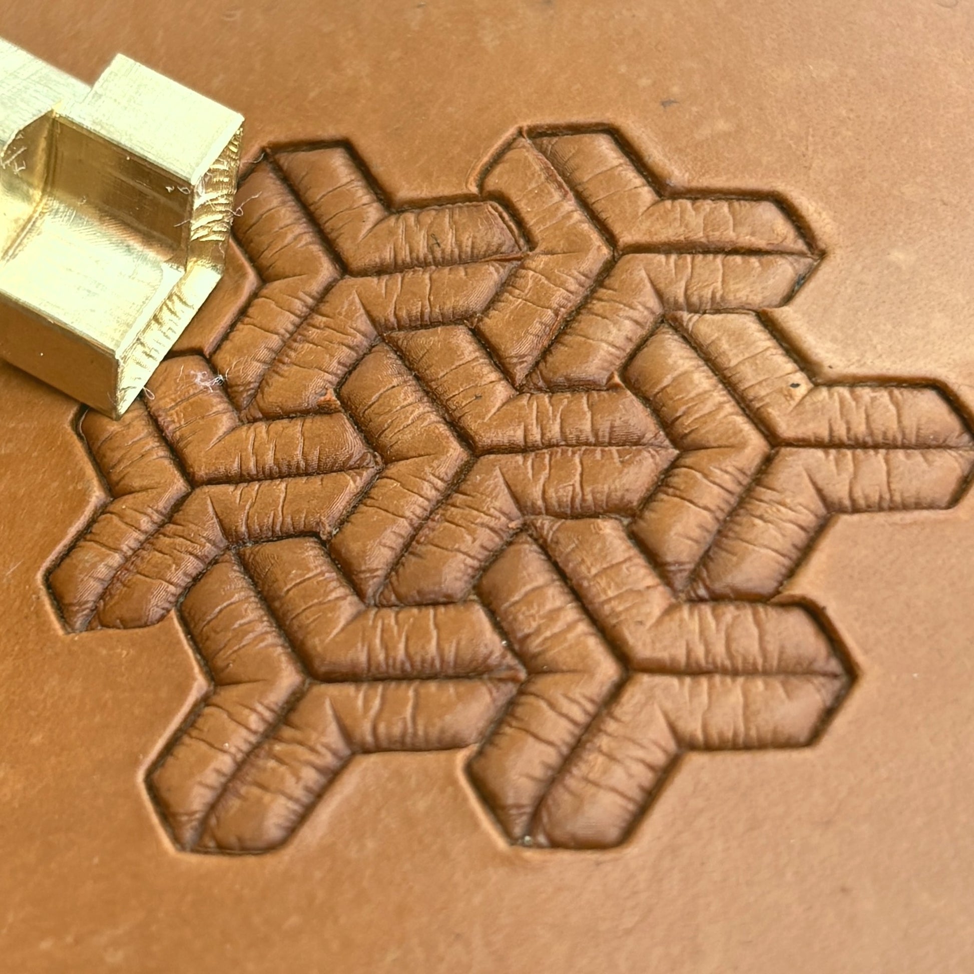 Geometric leather stamp LT037 — brass stamping tool with imprint on natural veg-tan leather