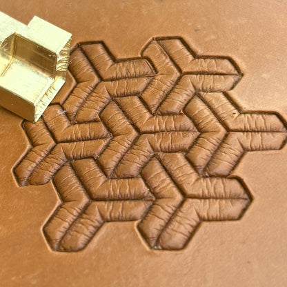 Geometric leather stamp LT037 — brass stamping tool with imprint on natural veg-tan leather