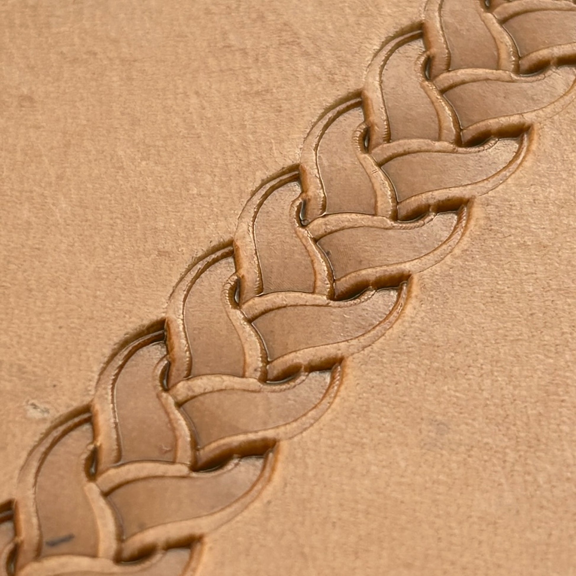 Braided Border leather stamp LT039 — single impression on veg-tan leather