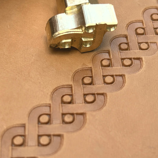 Celtic Weave leather stamp LT042 — brass stamping tool with imprint on natural veg-tan leather