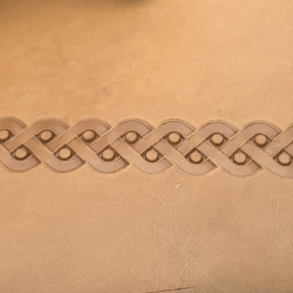 Celtic Weave leather stamp LT042 — continuous border imprint on veg-tan leather