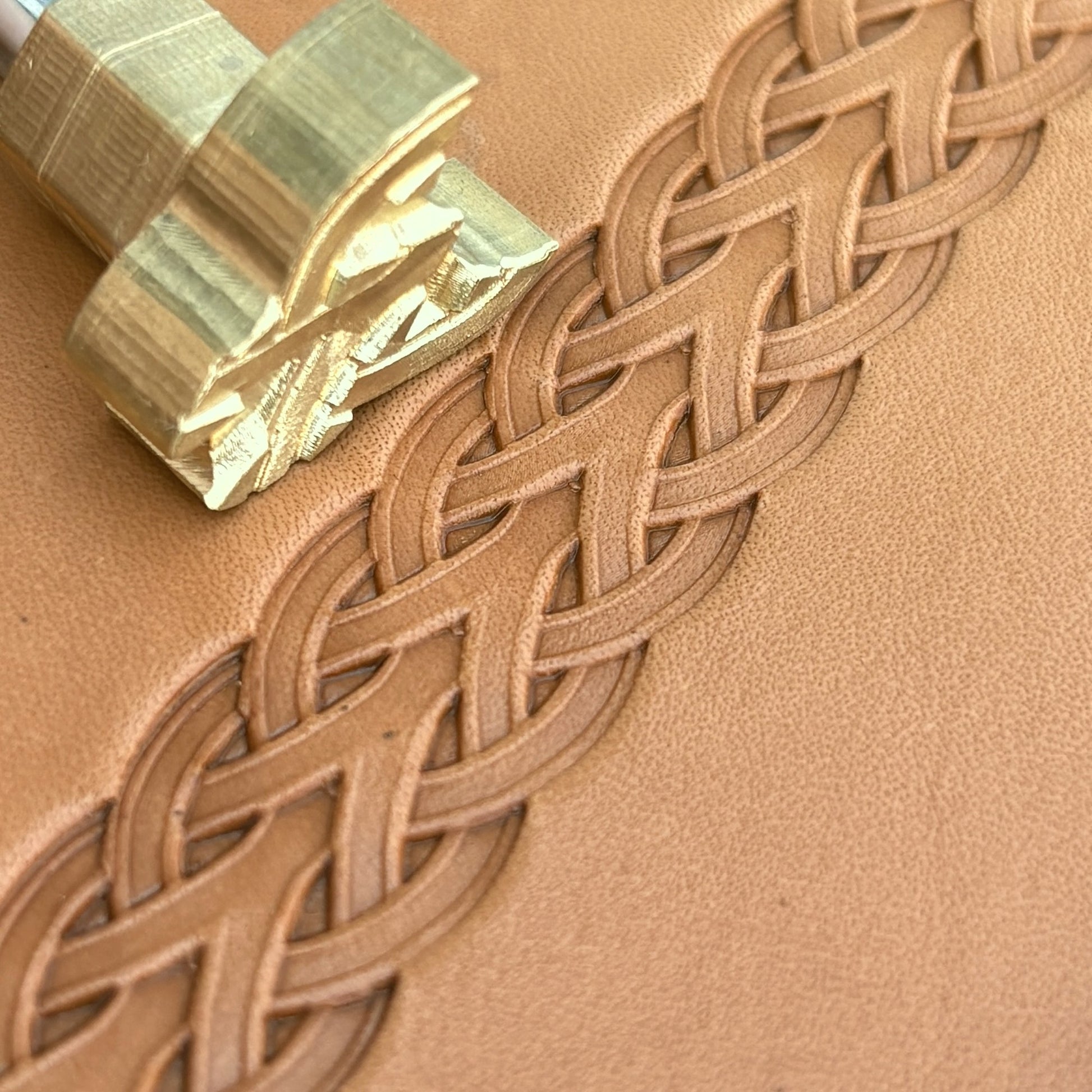 Celtic Style leather stamp LT043 — brass stamping tool with imprint on natural veg-tan leather