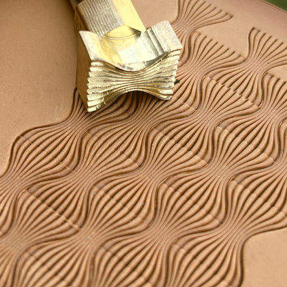 Wavy Lines leather stamp LT044 — brass stamping tool with imprint on natural veg-tan leather