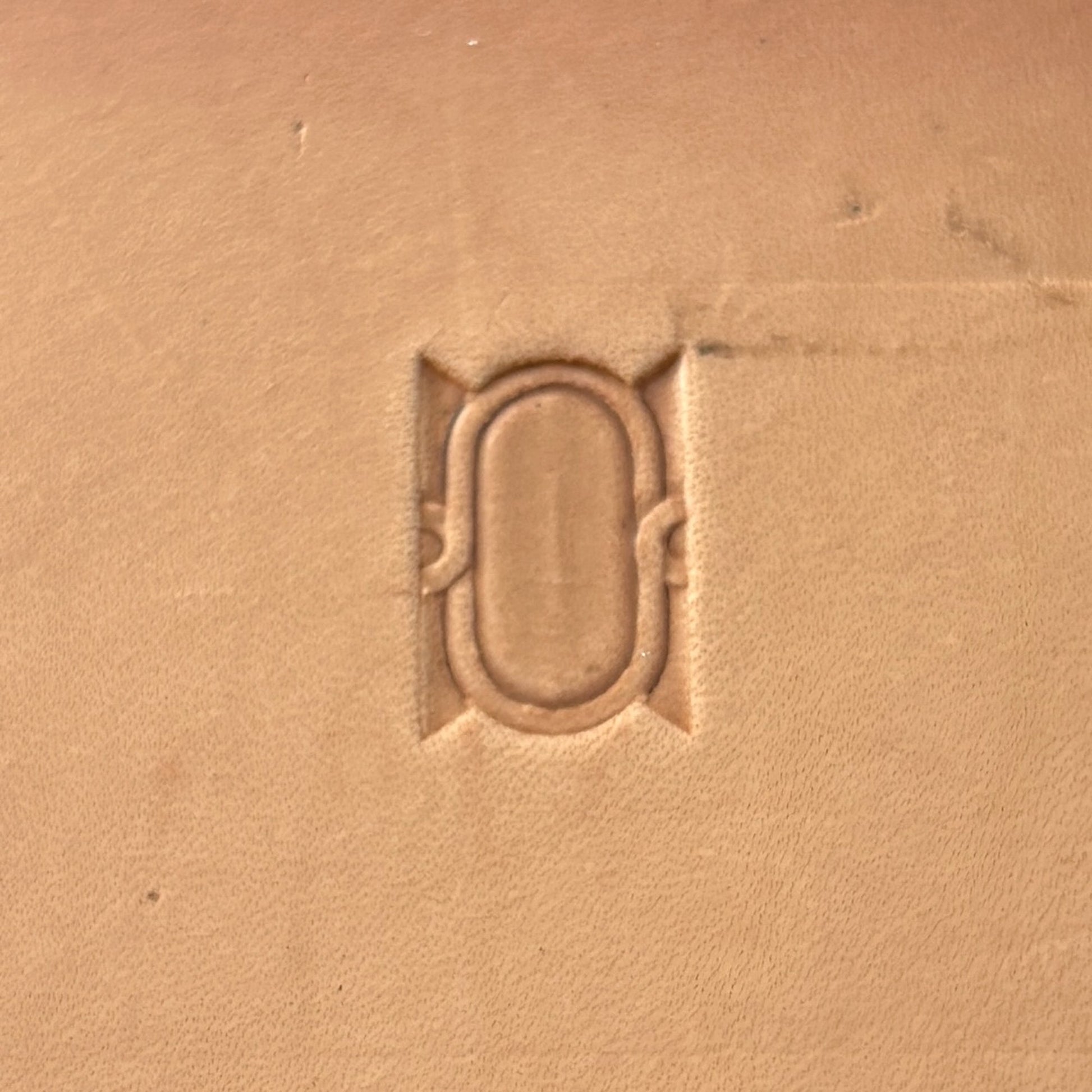 Oval Border leather stamp LT045 — single impression on veg-tan leather
