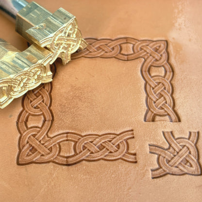 Celtic Knot Border + Corner leather stamp LT046 — brass stamping tool with imprint on natural veg-tan leather