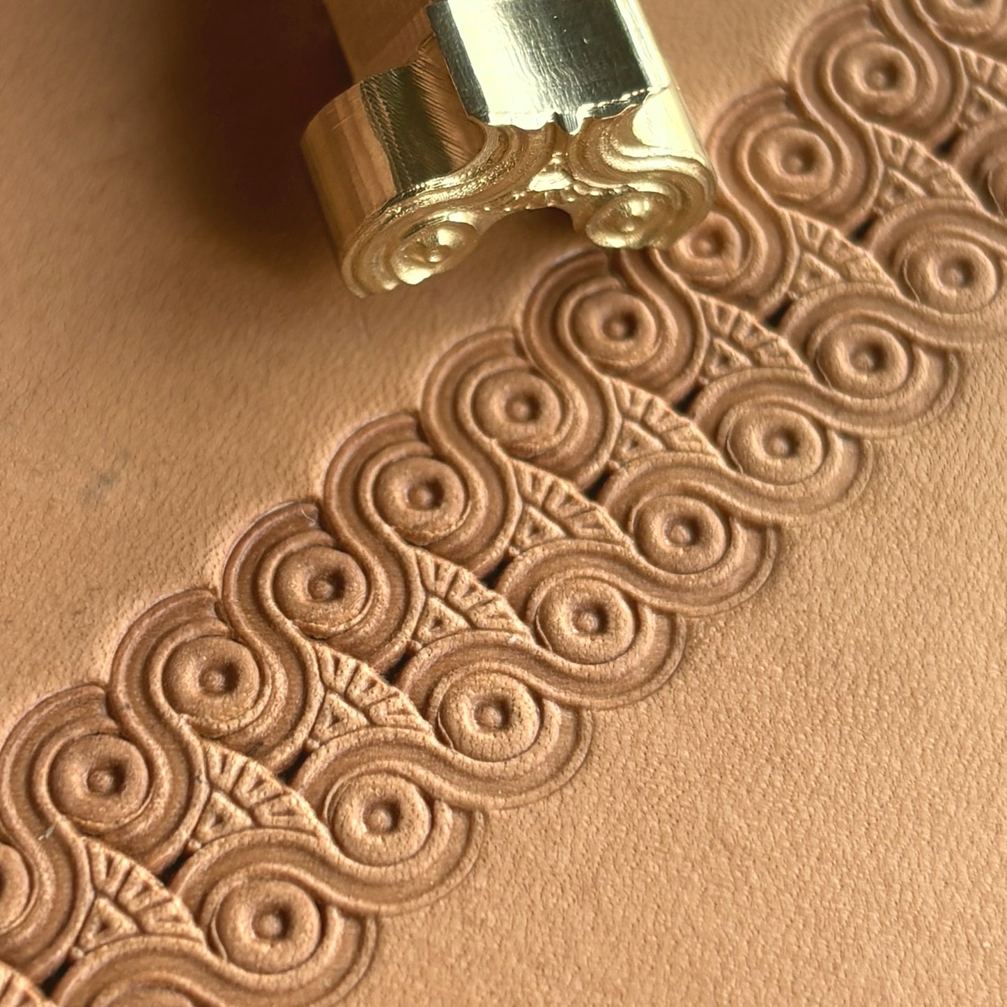 Ornamental Border leather stamp LT048 — brass stamping tool with imprint on natural veg-tan leather