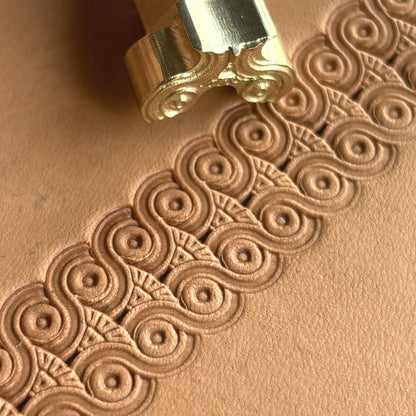 Ornamental Border leather stamp LT048 — brass stamping tool with imprint on natural veg-tan leather