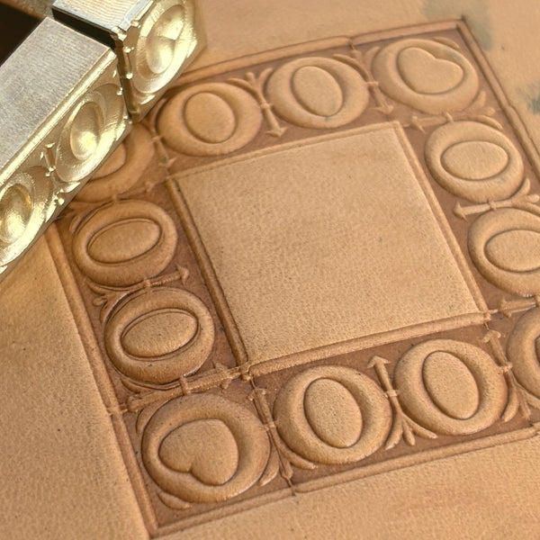 Heart leather stamp LT050 — brass stamping tool with imprint on natural veg-tan leather
