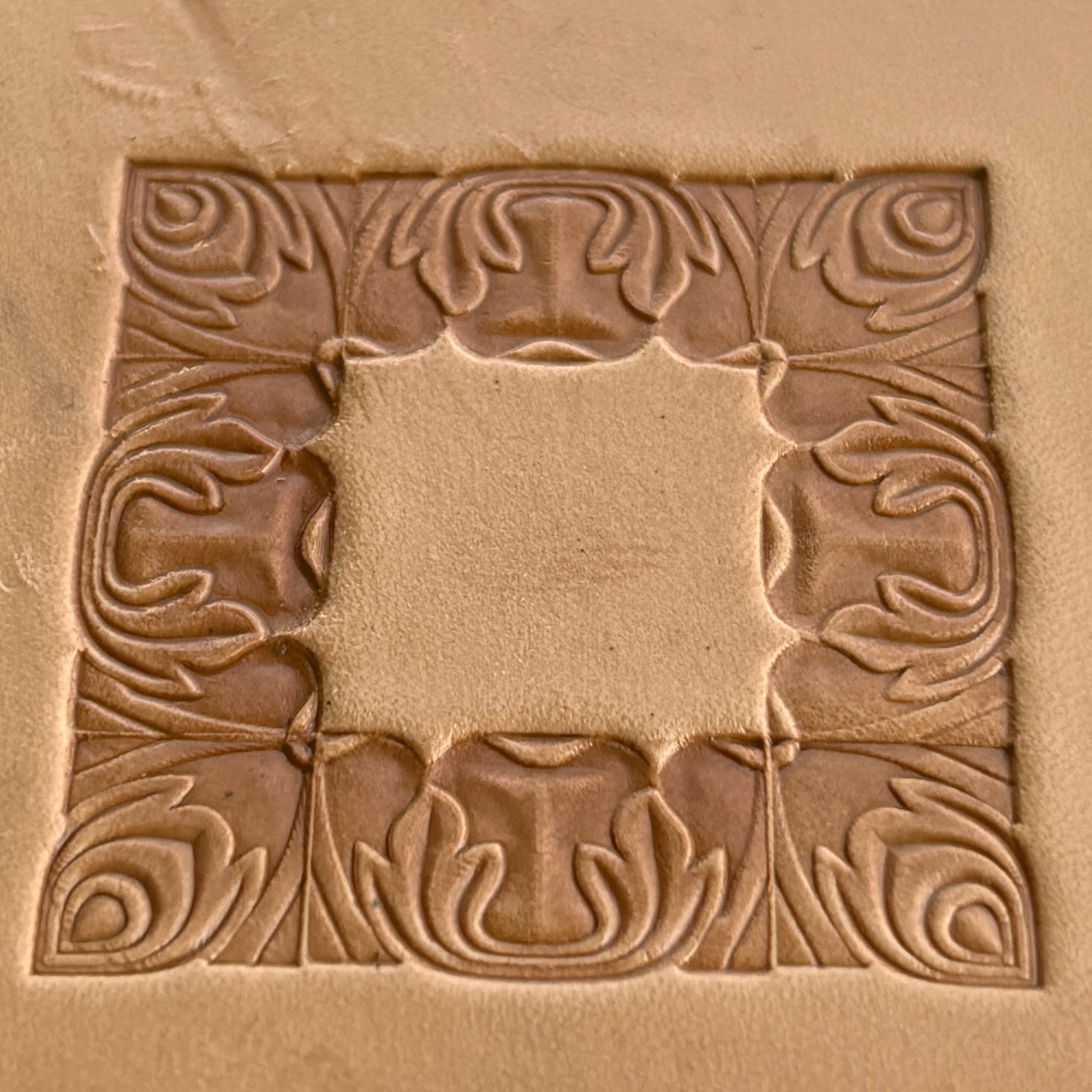 Ornate Border + Corner leather stamp LT052 — pattern imprint on veg-tan leather