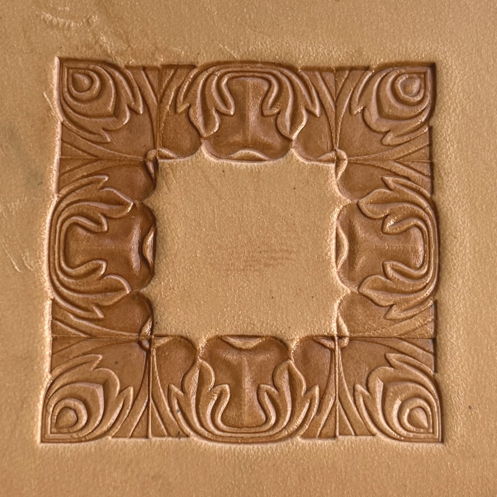 Ornate Border + Corner leather stamp LT052 — pattern imprint on veg-tan leather