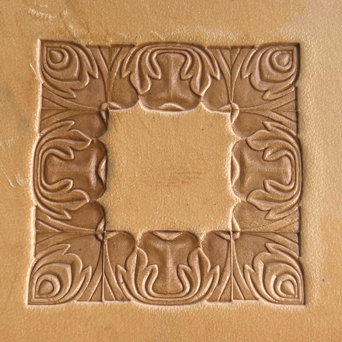 Ornate Border + Corner leather stamp LT052 — pattern imprint on veg-tan leather